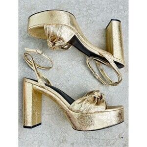 Rebecca Minkoff Gold Platform Heels Metallic Bow Ankle Strap Sandals Glam 11